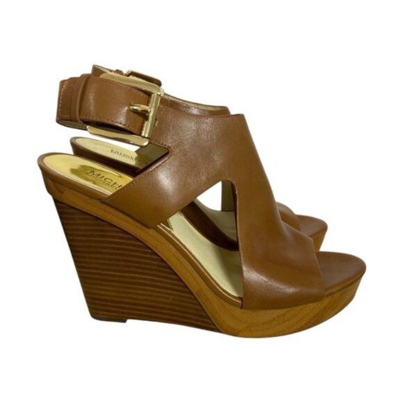 Michael Michael Kors Josephine Leather Wedge Sandals – Size 8.5 (Luggage Brown) - Picture 3 of 12